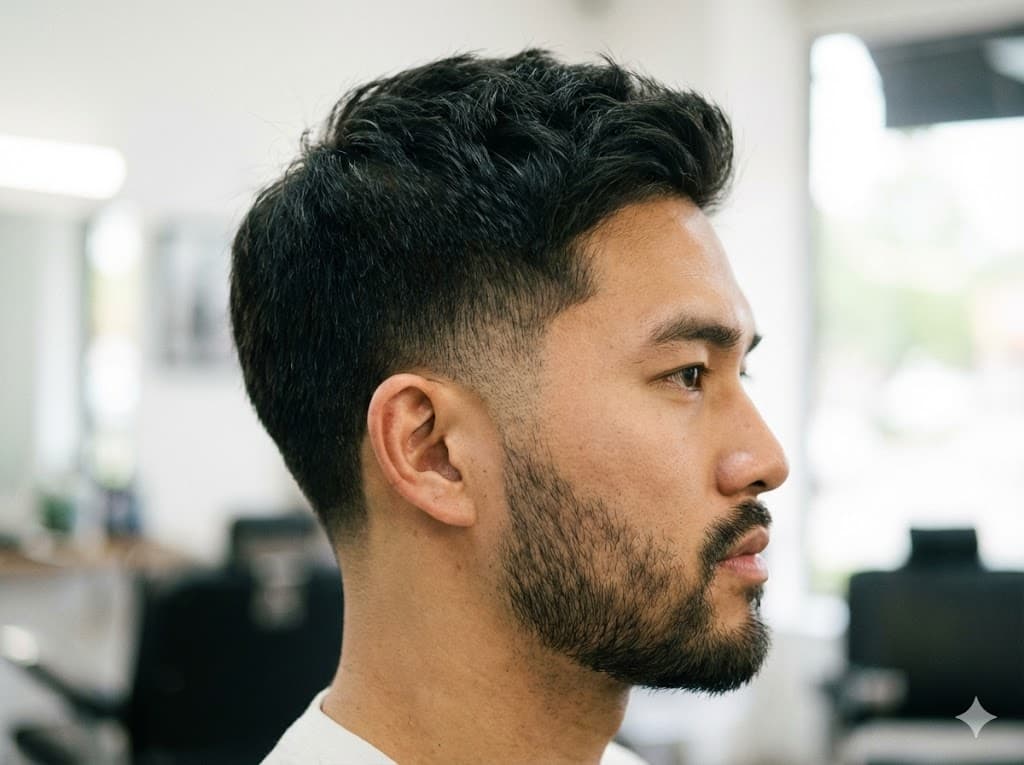 Low Taper Fade Asian smooth clean tapered edges addressing sideways growth, round wide faces campus workplace style