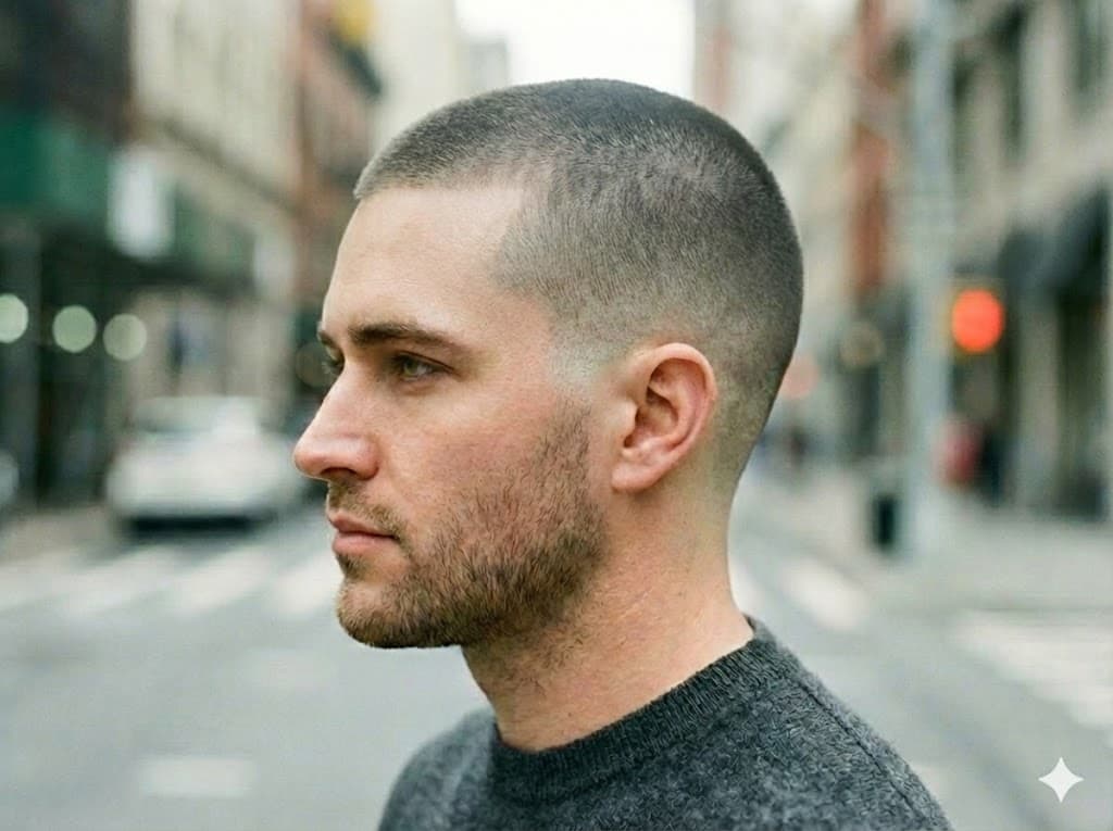 Low Taper Fade Buzz Cut extremely short all over with edge taper design feel, square oval well-shaped head faces sport minimalist military style