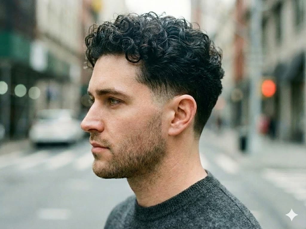 Low Taper Fade Curly Hair softening fade lines with natural curls texture controlled volume, round square diamond heart faces casual dating creative style