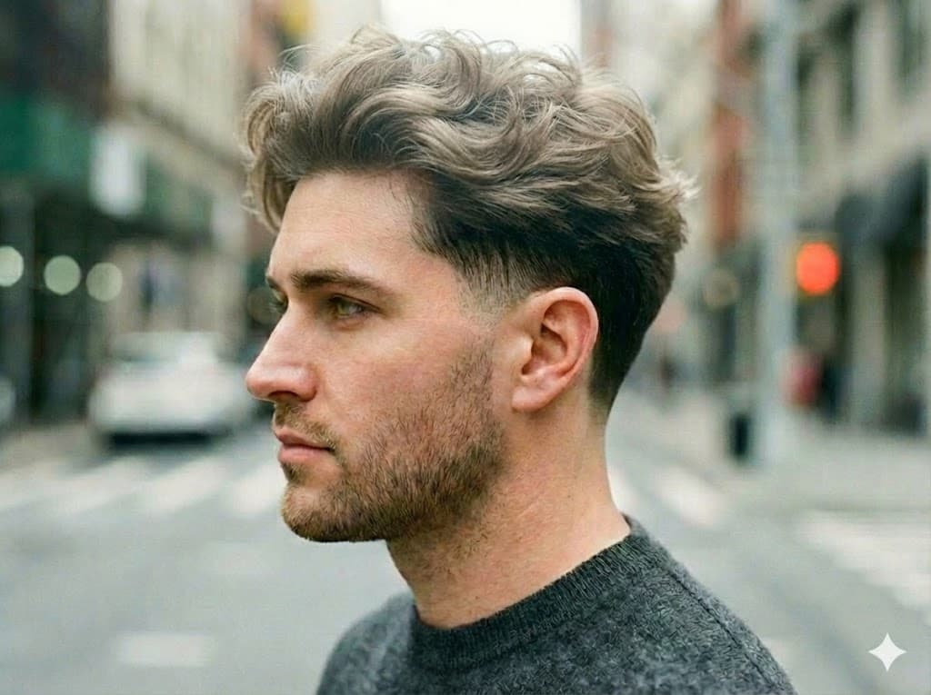 Low Taper Fade Fluffy Hair extreme volume top with clean edges controlled texture, diamond oval faces campus social media street style