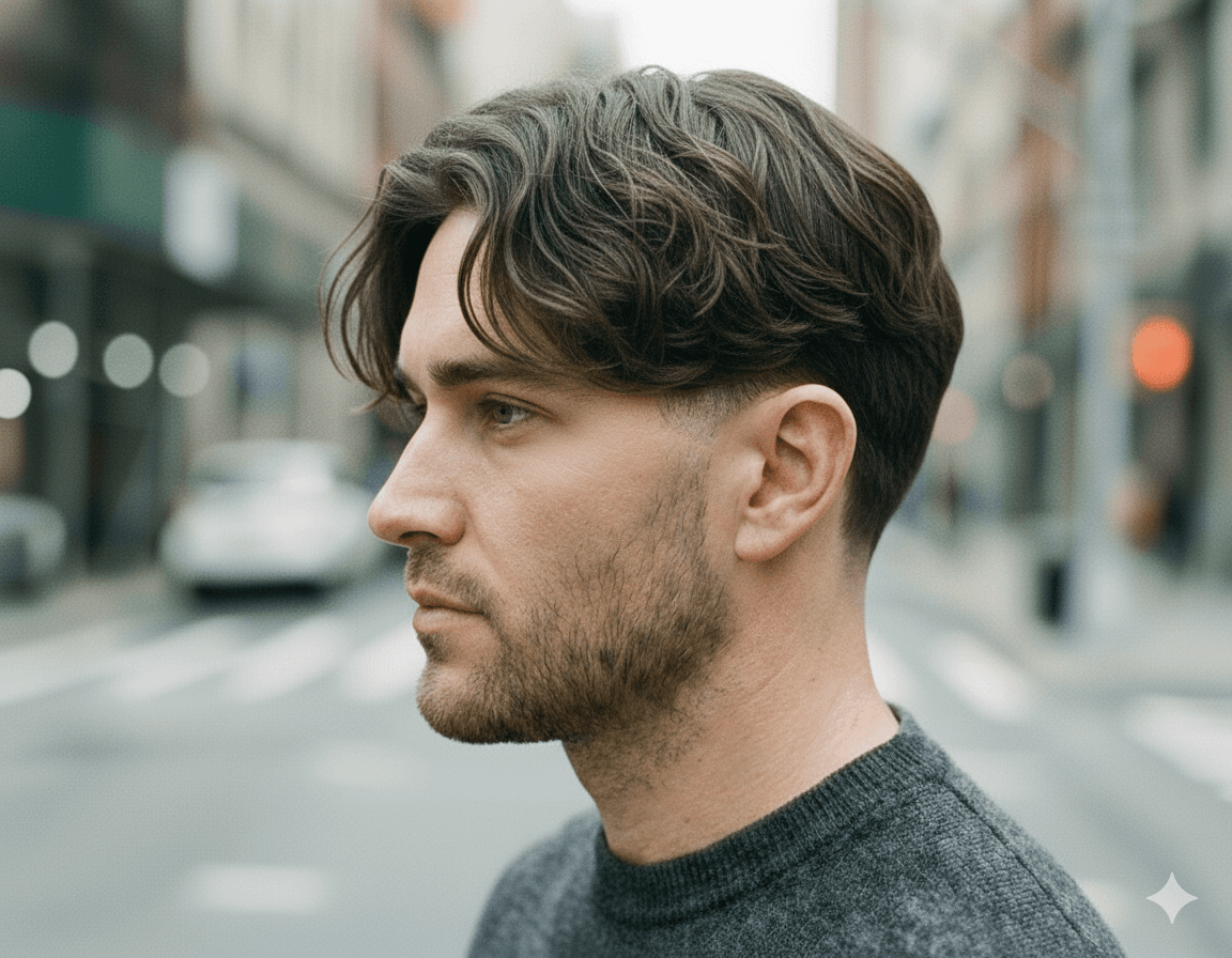 Low Taper Fade Middle Part symmetrical C-curve flowing down sides Korean wave, diamond heart faces trendy campus style