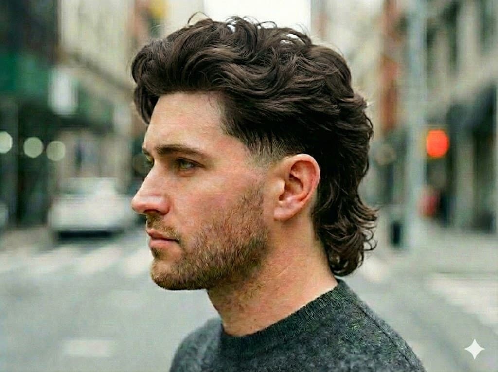 Low Taper Fade Mullet short front long back with clean faded sides refined look, diamond oval faces party creative casual style