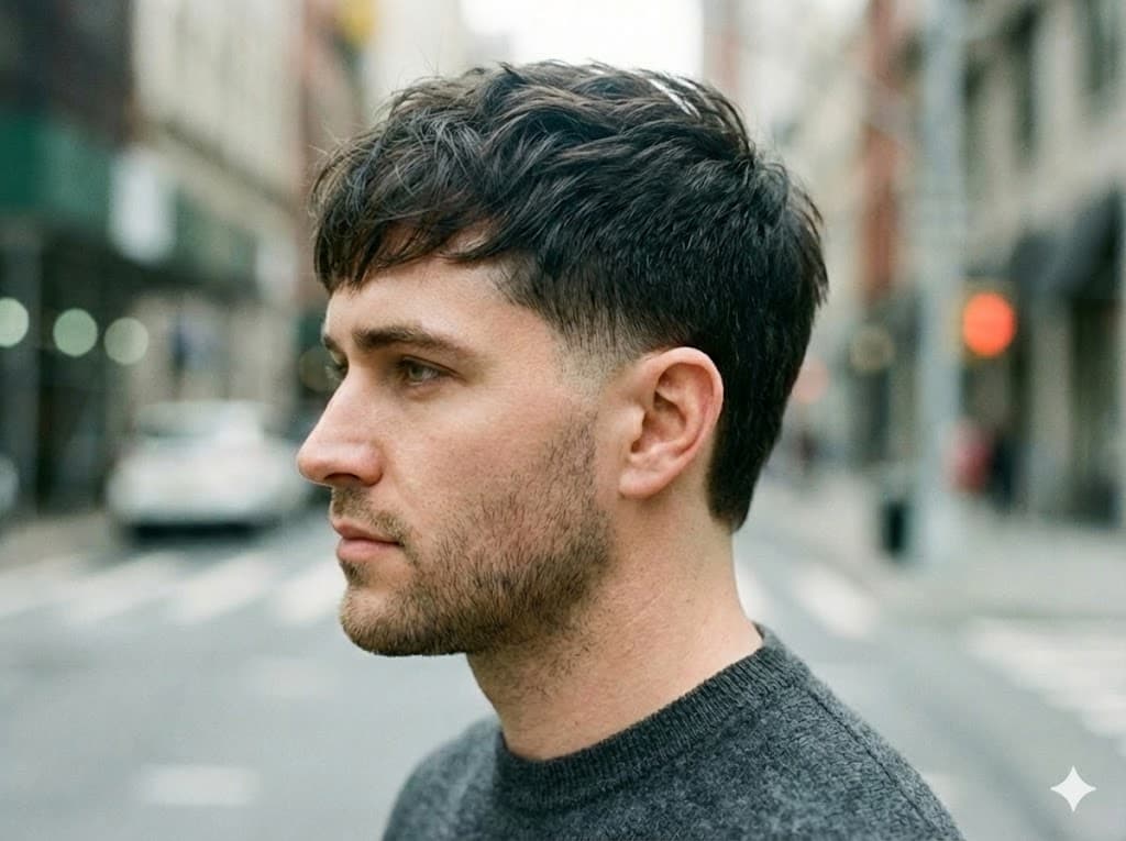 Low Taper Fade with Textured Fringe visual focus to forehead fringe with tight sides, long oval high hairline faces trendy campus style