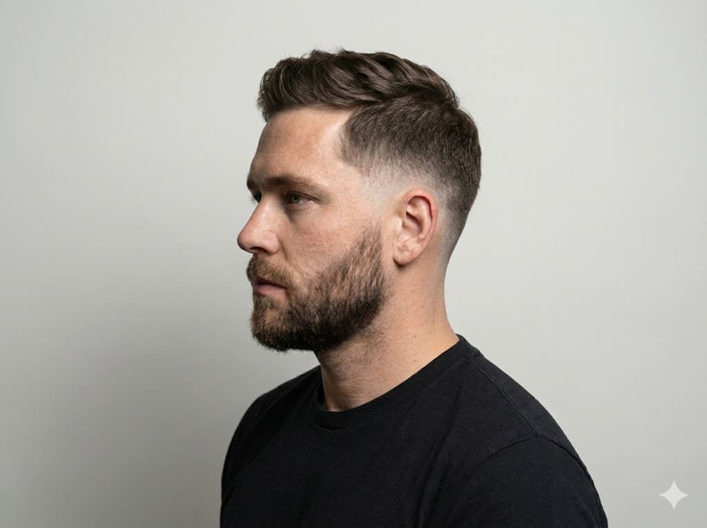 Mid Low Taper Fade hybrid between low and mid more freshness than low, all face shapes workplace casual style