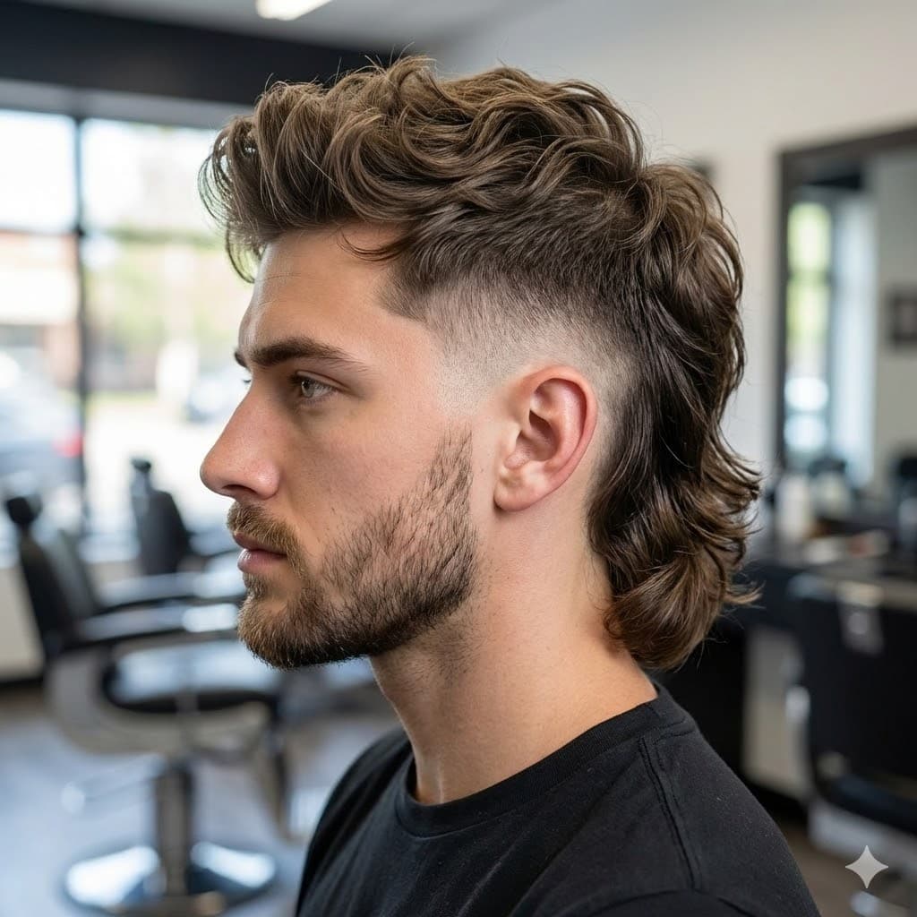 Modern Mullet Fade contemporary rebellious mullet with clean faded sides and fashion-forward appeal, oval square diamond faces edgy refined influencer style