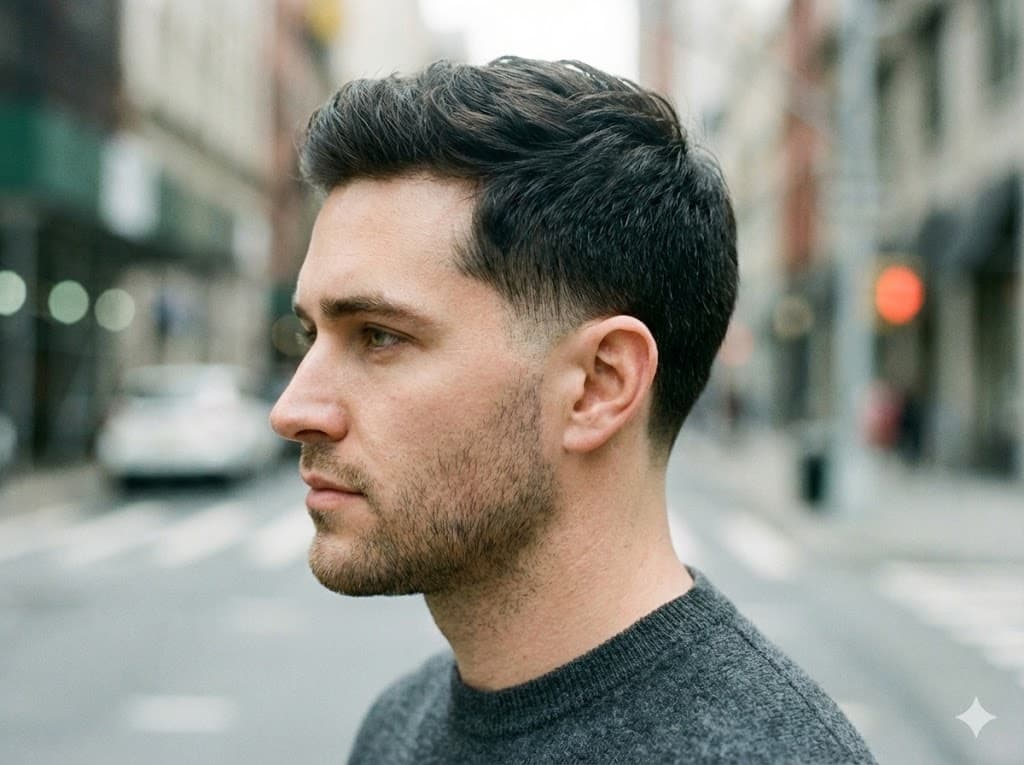 Low Taper Fade extremely low fade at temples and nape with full contoured silhouette, oval and square faces professional casual formal style