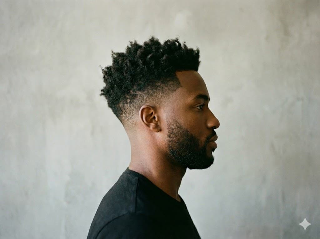 Mid Taper Fade Black Male higher start allows carved C-cup hairline hard silhouette, round square faces workplace street style