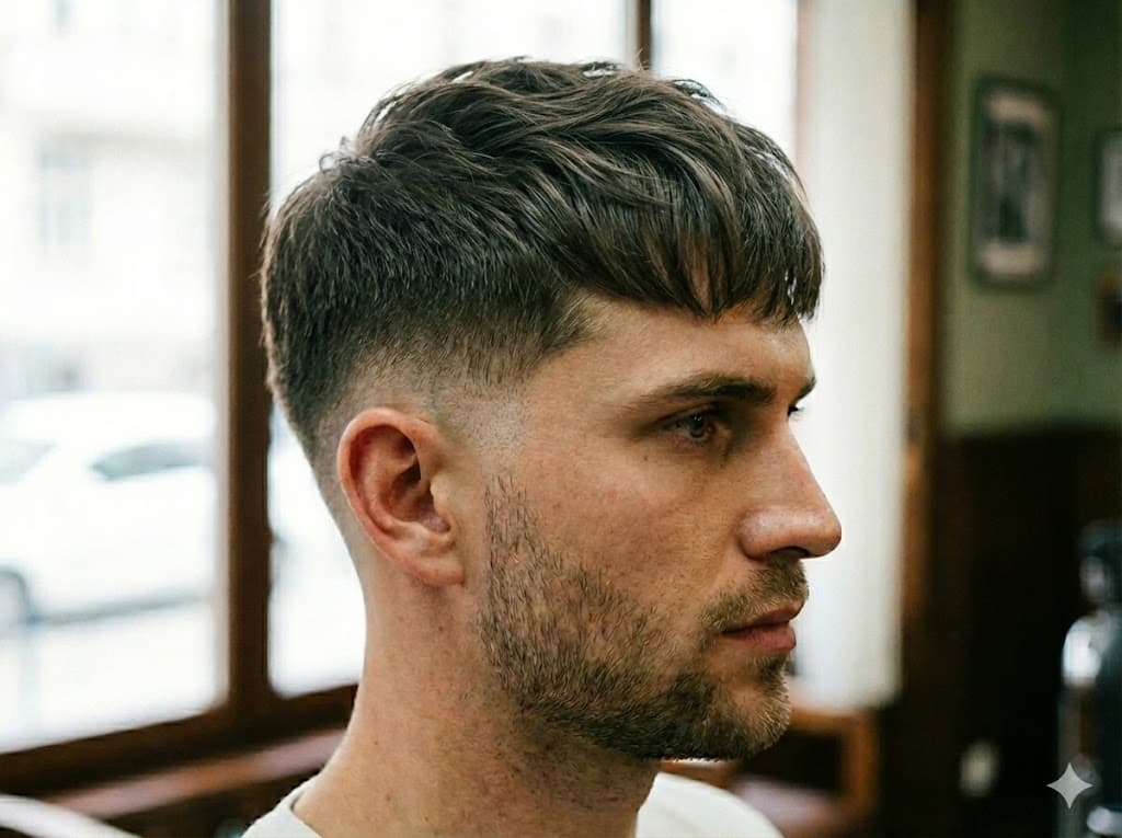 Mid Taper Fade Fringe stronger disconnection contrast between fringe and sides trendy look, long oval faces trendy street style