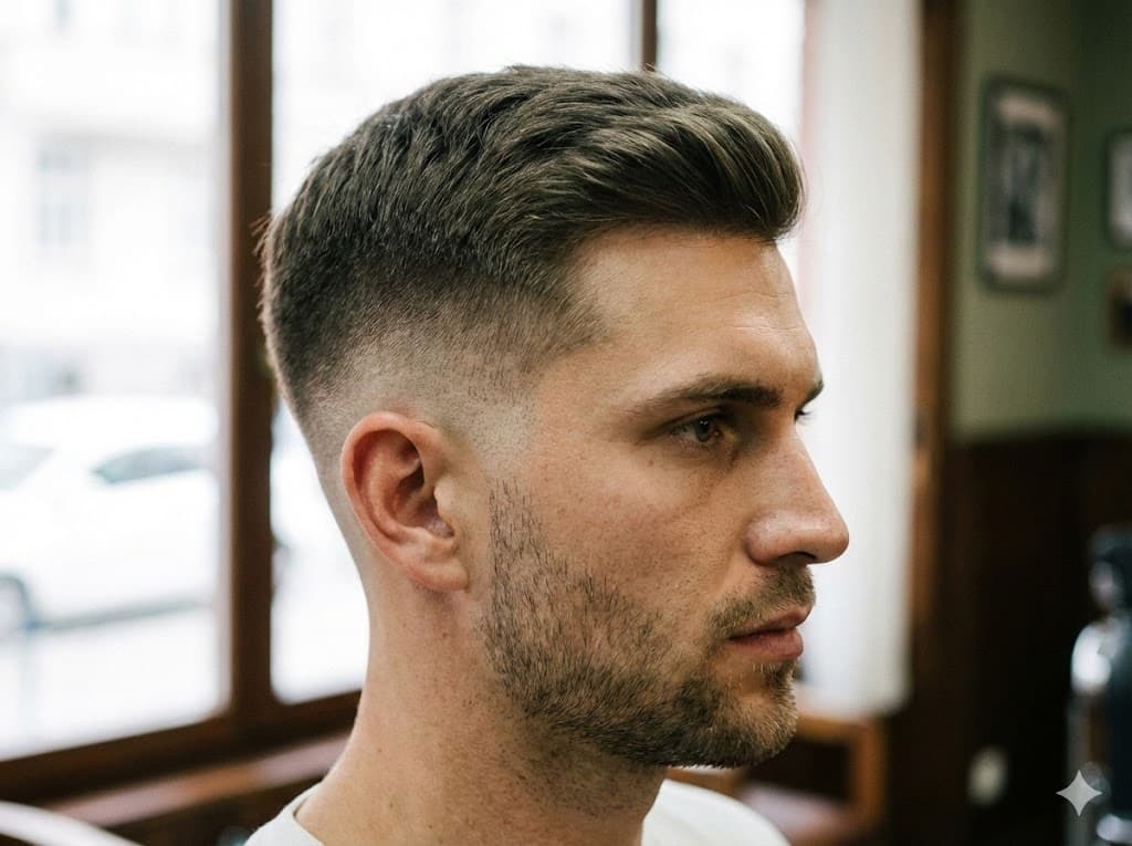 Mid Taper Fade temple level fade removing more side hair for square clean look, round oval faces business casual style